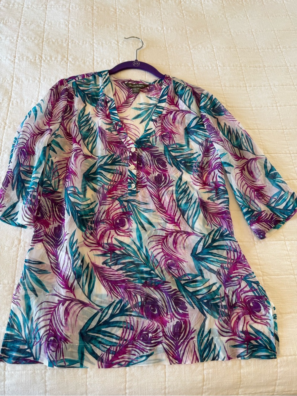Tommy Bahama SILK Purple & Teal Palm Leaf V-Neck Tunic